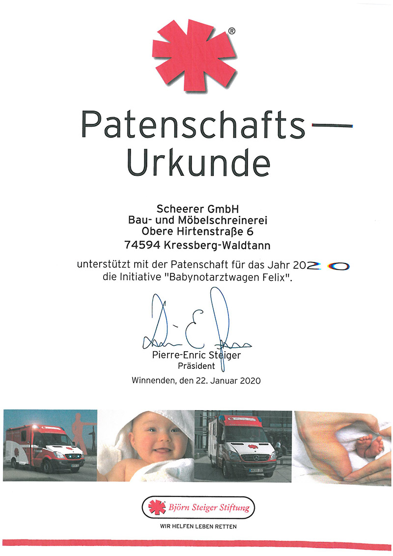 Patenschaftsurkunde Schreinerei Scheerer